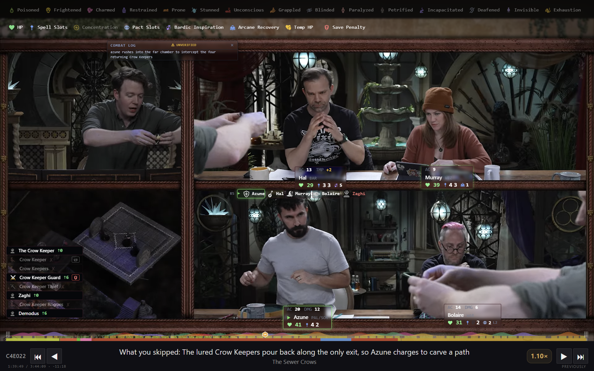 Critical Skip running over a Critical Role episode: condition legend, combat log, per-player HP and stats, initiative order, and a 'What you skipped' summary bar